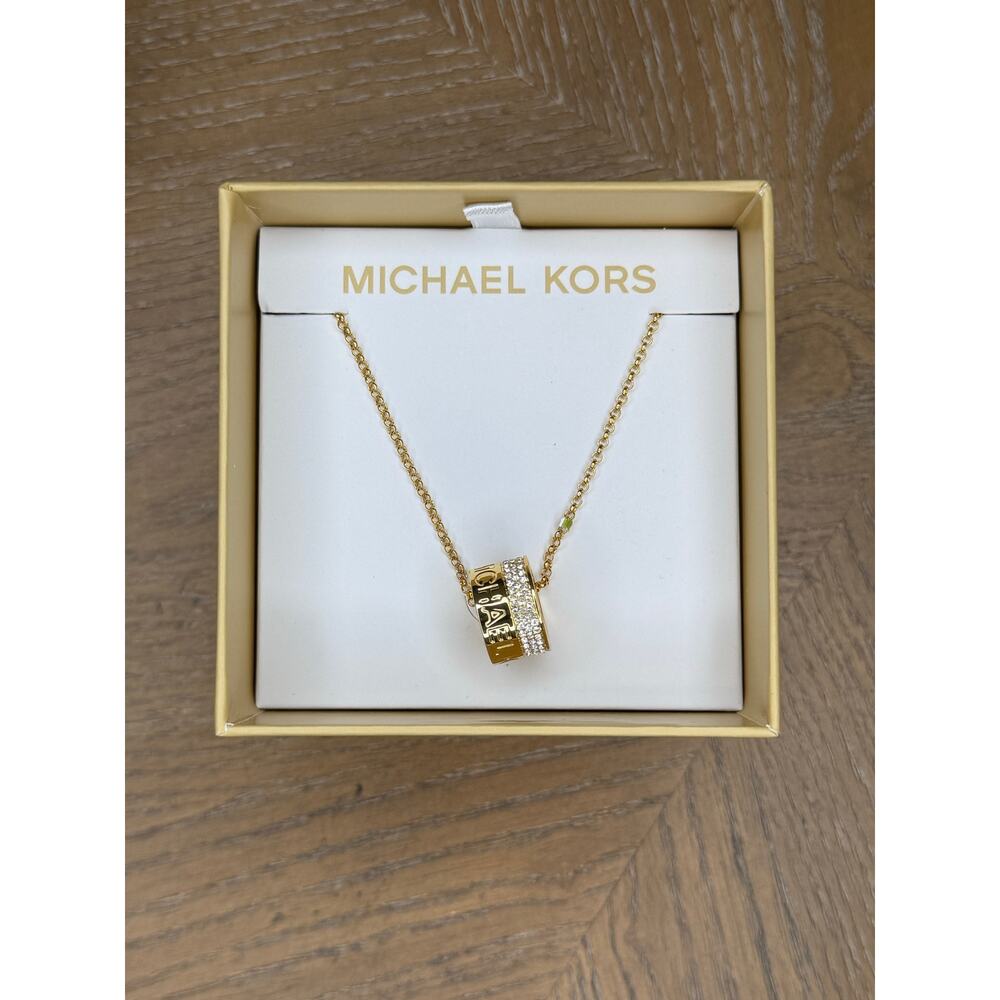 Michael Kors Gold Tone Barrel Pendant Necklace Crystal Logo MKJ0181710B New Box